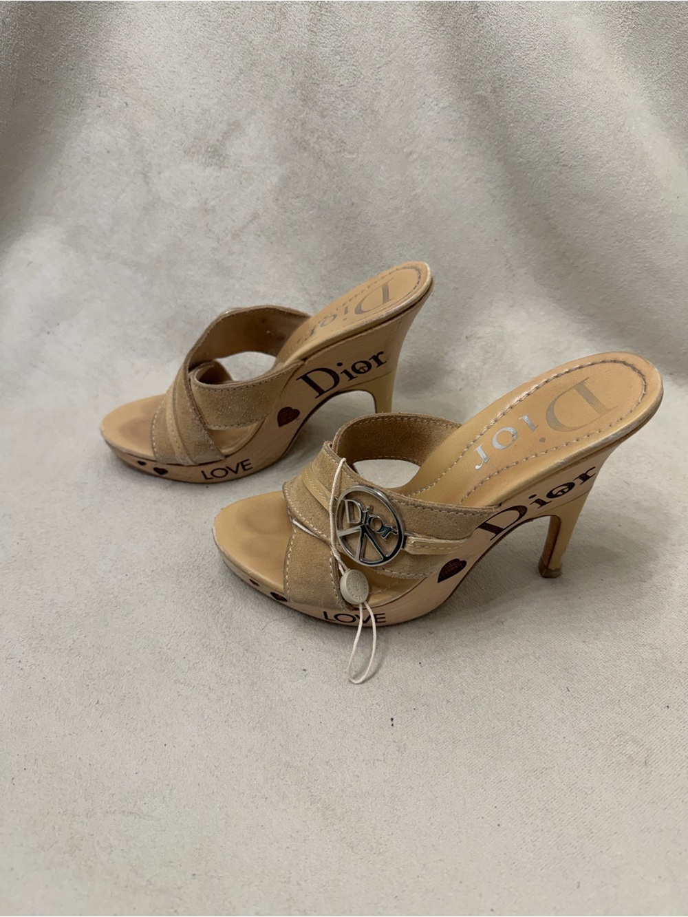 Dior Peace and Love Tan Suede Crossover Mule Sandals with Signature Logo